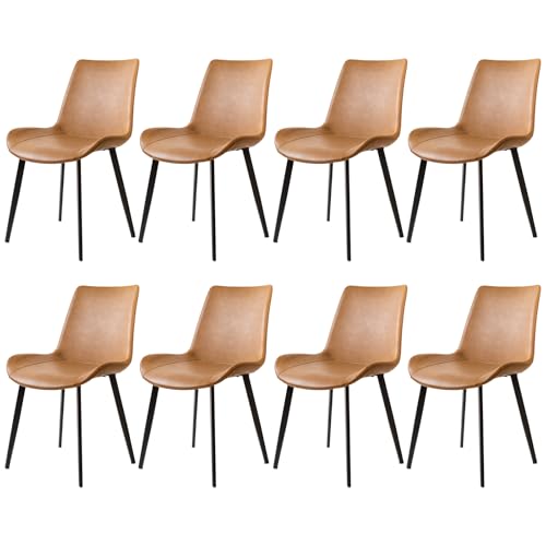 Image of Modern Dining Chairs Set of 8, PU Leather Dining Room Chairs, Upholstered Kitchen Chairs with Ergonomic Backrest & Sturdy Metal Legs, Perfect for Dining Room, Living Room, Brown