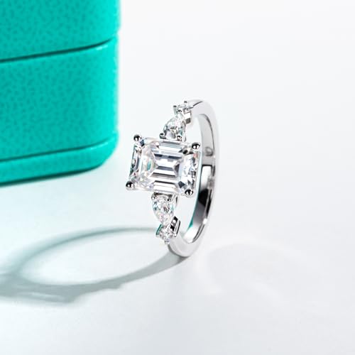AnuClub Emerald/Radiant Cut Moissanite Engagement Rings 3CT Center Stone D Color VVS1 925 Sterling Silver Pear Cut Side Stone Wedding Promise Anniversary Ring for Women With Certificate3