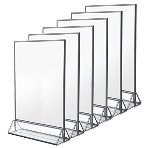 NIUBEE 6Pack 8.5x11 Clear Acrylic Sign Holder with Sliver Borders and Vertical Stand, Double Sided Table Menu Holders Picture Frames for Wedding Table Numbers, Restaurant Signs, Photos and Art Display