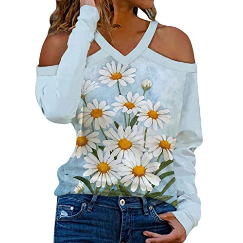 Damen Casual T-Shirts Offene Schulter V-Ausschnitt Langarm Oberteile Bluse Shirts Elegant Langarmshirt Schulterfreie Oberteile Herbst und Winter V Ausschnitt Tunika Cover