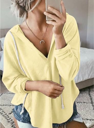 Image of Womens Long Sleeve V Neck Hoodie Sweatshirts Lightweight Pullover Tops
