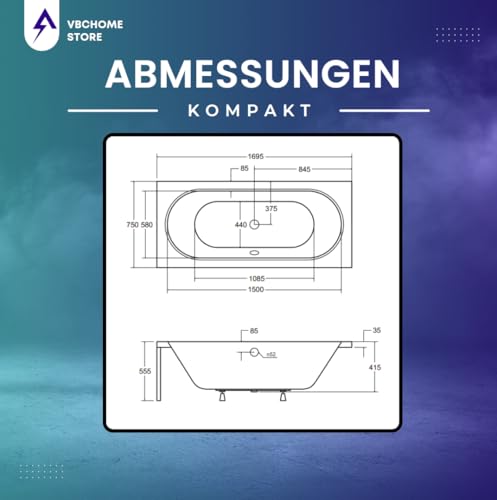 VBChome Badewanne 170 x 75 cm Acryl SET Schürze Siphon Acrylwanne Wanne Rechteck Weiß Design Modern Wannenfüßen Ablaufgarnitur Chrome