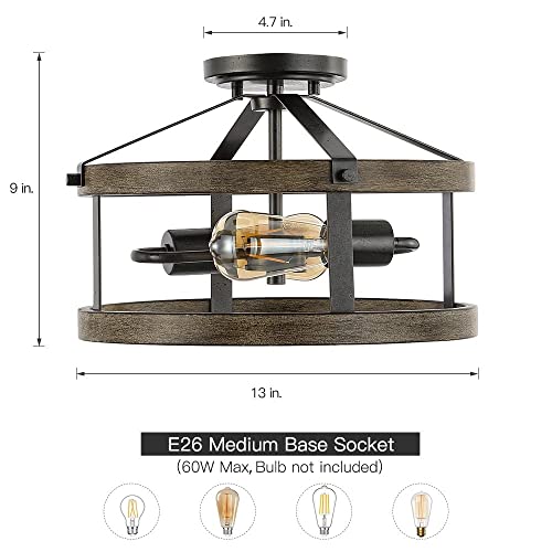 13 In. 2-Light Natural Iron And Distressed Wood Industrial Farmhouse Semi-Flush Mount Ceiling Light 9" H Black Brown Rustic Dimmable #TOP2