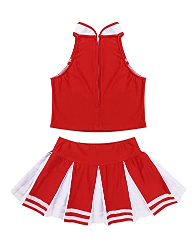 Moily Big Girls Classic Cheerleading Team Uniform High Neck Crop Top With Pleated Boxer Skirts Rooter Stage Suit Red&White 5-6 Years #TOP1