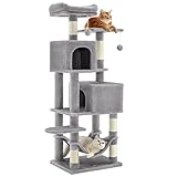 Feandrea Árbol para Gatos de 155 cm de Altura, Rascador para Gatos con 5 Postes, 2 Plataformas, 2 Cuevas, Hamaca, 2 Pompones, Felpa Multicapa, Gris Claro PCT192W01