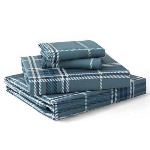 Image of MUXHOMO King Size 4 Piece Sheet Set, Soft Breathable Bed Sheet Set for Bedroom with Deep Pocket Up to 16 inch, Wrinkle-Free & Cooling Bedding for Oeko-TEX Certified - Grayish Green Plaid