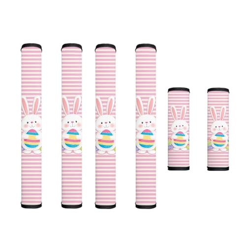 Image of Easter Decorations Fridge Door Handle Covers Set of 6 Kitchen Appliance Decor Handles Glove Anti-Slip Protectors Refrigerator Accessories, Rabbit Easter Egg Pink White Stripes Pattern