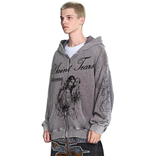 Image of Chainsaw Man Mens Streetwear Zip Up Hoodie Saint Graphic Long Sleeve Jacket with Pockets Casual Letter Print Sweatshirt