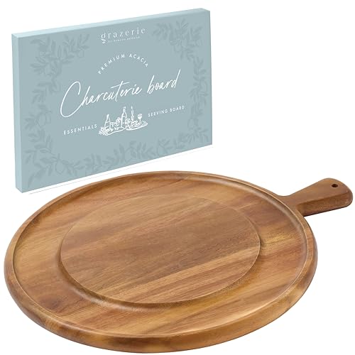 Grazerie Charcuterie Board - Round Acacia Wood Cutting Board for Kitchen with Groove & Handle, Cheese Board for Vegetables, Bread, Fruits, Meat - Decorative Wooden Serving Tray House Warming Gift