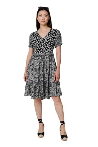 Image of Izabel London Floral Short Sleeve Tiered Skater Dress for Women UK with v-Neck and Short Skirt. Black