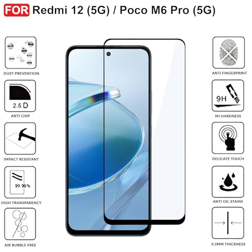 Image of DD SON Tempered Glass Screen Protector Compatible for Redmi 13 5G / Poco M6 Pro 5G / Redmi 12 5G /4G (11D) with Edge to Edge Coverage and Easy Installation kit,Black