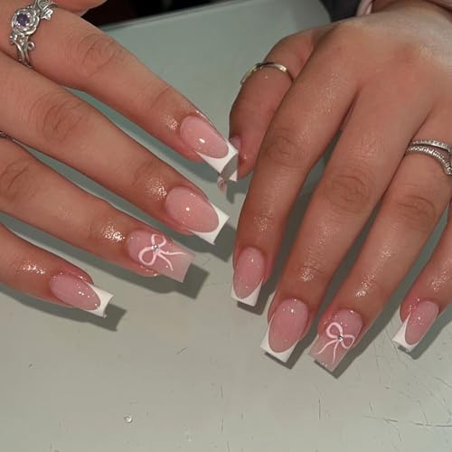 24 Pcs Pink Square Press on Nails Short - YEFIUO White French Nail Tip Acrylic Nail Kit Nail Art Fake Nails Press ons with Rhinestone Bow Glue on Nails Design Full Cover False Nails for Women