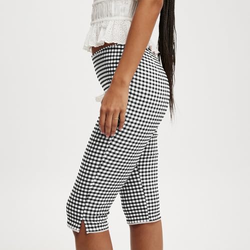 Women's Plaid Print Skinny Capri Pants Seven-Quarter Slim Fit Trousers Y2k Cropped Knee Length Micro Lace Trim Leggings3