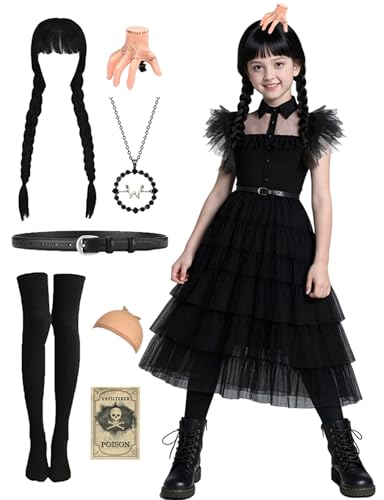jiobabe Kids Halloween Costumes for Princess Costume Girls Cute Black Dress with Wig Necklace for Birthday Family Party GR048L