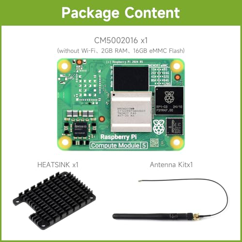 Image of CM5 Waveshare Pi Compute Module 5，Comes with an Official Raspberry Pi CM5002016 (Without Wireless, 2GB RAM, 16GB eMMC Flash), an Antenna Kit and a HEATSINK. (3 Items)
