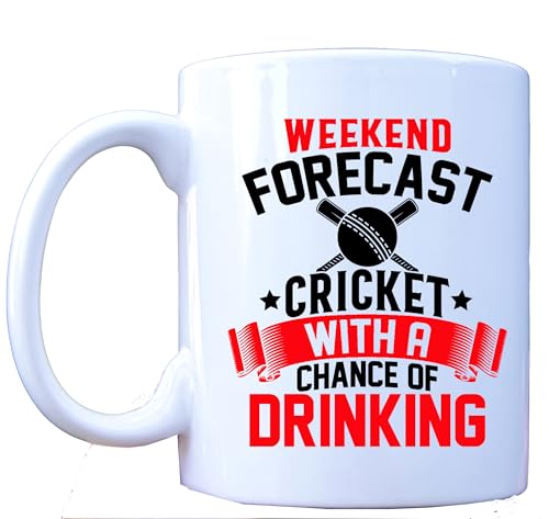 MILLHOUSE PRINTS Weekend Forecast Cricket Mug – Funny Coffee Mug with Bold Red Text and Bat Ball Graphic – Drinking Humour Ceramic Cup – 11oz