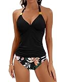 B2prity Halter Tankini Swimsuit for Women Tummy Control Two Piece Bathing Suit V Neck Swimwear with Shorts