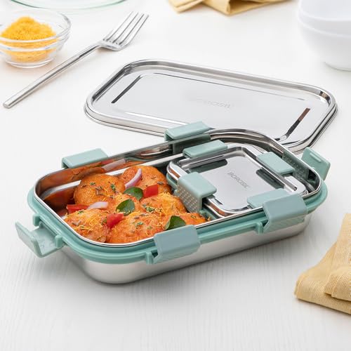 Image of Borosil Stainless Steel Slim Lunch Box | 700 ml + 125 ml Container Set | Airtight, Leakproof, Dishwasher Safe | Portable Kids Tiffin | 1 Year Warranty (Green)