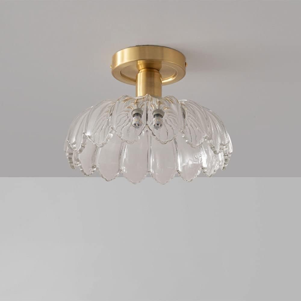 9.84 Inches Modern Flower Shape Glass Shade Ceiling Lamp, Vintage Style Scalloped Petal Design Ceiling Light, Brass Flush Mount Ceiling Lighting Fixture, for Bedroom Balcony Walk