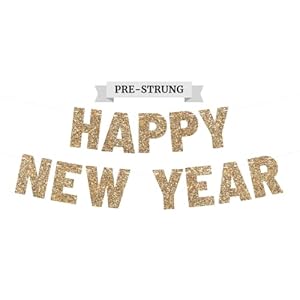 Pre-Strung Happy New Year Banner – NO DIY – Gold Glitter New Years Eve Party Banner – Pre-Strung Garland on 6 ft Strands…