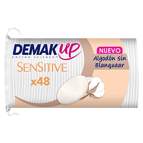 Demak'Up Sensitive x48 - Discos Desmaquillantes Ultra Suaves para Pieles Sensibles - Cara y Ojos - Fibra de Algodón 100% Natural - Paquete con 48 Discos