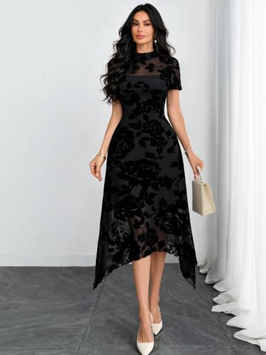 Image of GothDark Women Summer Wedding Guest Floral Mesh Irregular Hem Midi Dress