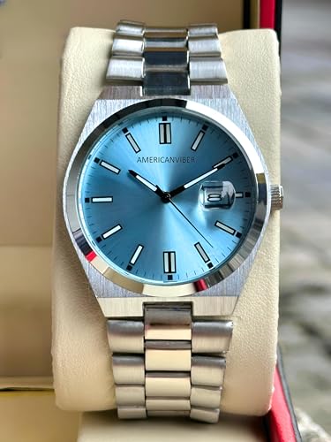 Image of AMERICANVIBER Men's Silver Stainless Steel Watch, Vibrant Green Sunburst Dial, Quartz Analog Movement, Date Display, Faceted Bezel for Men