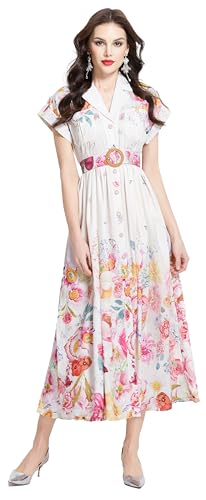 LAI MENG FIVE CATS Damen Sommer Revers V-Ausschnitt Blumendruck Kurzarm Knopf Maxikleid, Aprincot, Klein