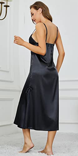 Eplaza Women Plain Satin Chemise Long Slip Night Dress Gown Sleepwear Loungewear (X-Large, Black) #TOP5