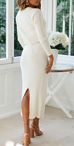 Image of CHARTOU Women Two Piece Sweater Skirt Set Outfits Knit Sweater Top Pullover Knitted Slit Bodycon Pencil Skirt (One Size, White)