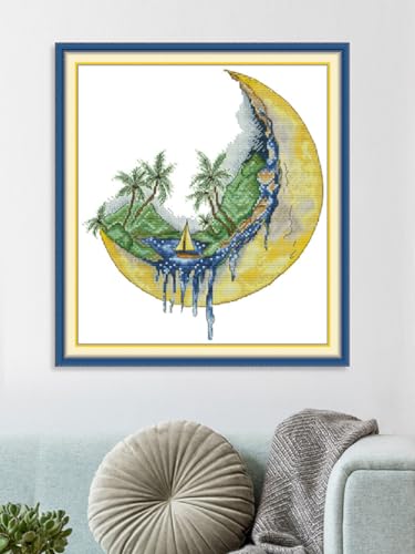 Image of Aiorkeng Cross Stitch Kits Stamped Full Range of Embroidery Starter Kits for Adults Beginners DIY 11CT 3 Strands -Printed kit Sailing on the Moon(Printed) 15.4x16.5 inches