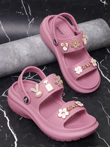Image of ATHCO Soho Clogs Sandal for Women's|Girls|Dual-Color Soft EVA Cushioned With Massage Footbed|Easy Wear with Adjustable Back Strap|Lightweight Platform Heels|Flexible|Breathable|Extra Soft Comfortable Anti-Skid Casual Mule|All-Season|Summer|Monsoon|Rain|Winter|Waterproof|Casual Slip-On Sandal with Cute Charms & Chunky Design|Indoor & Outdoor Wear|Trendy|Fashionable|Stylish|Shoes