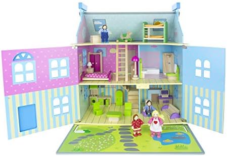 Leomark Beautiful Large Blue Children's Wooden Alpine Dollhouse with Furniture, Set of Dolls, Kids' Toy Doll House for Boys Girls