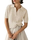 Imily Bela Women's Cable Short Sleeve Sweaters Tops Solid Lapel V Neck Knit Casual Soft Pullover Shirt Apricot