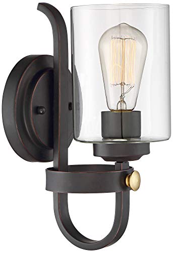 Image of Franklin Iron Works Eagleton Farmhouse Rustic Wall Light Sconces Set of 2 Oil Rubbed Bronze and Gold Hardwire 5 1 /2 inch LED Fixture Clear Glass Shades for Bedroom Bathroom Vanity Reading Living Room