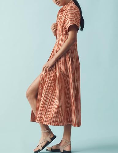 Image of SAFRISIOR Women Button Front Pleated Shirt Dress Brown Summer Striped Short Sleeve Lapel V Neck Corset Maxi Dress