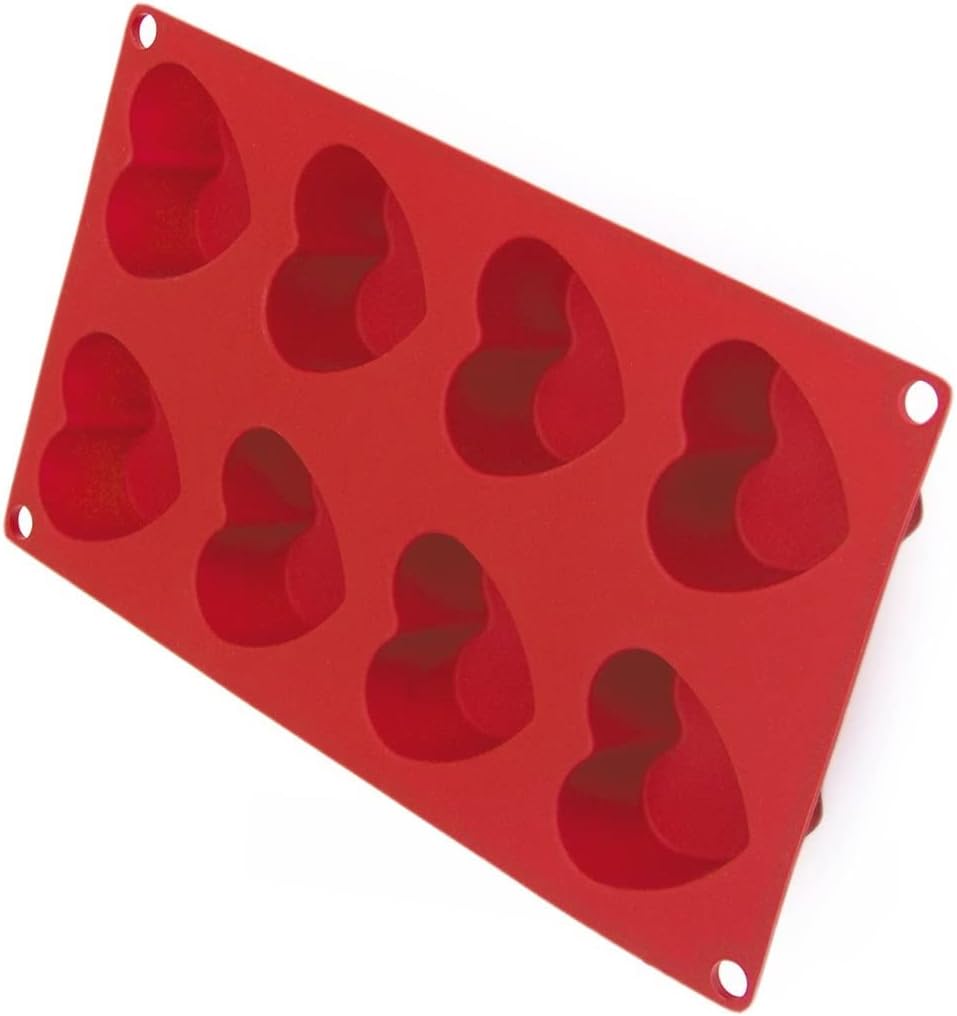 Lékué Heart Shaped 8 Cavity Silicon Baking Mold - Red - 100% Platinum Silicone Non-Stick Baking Tray - Oven & Microwave Safe - Food Safe, Dishwasher Safe, Freezer Safe - WHD 7x11.8x1.3"