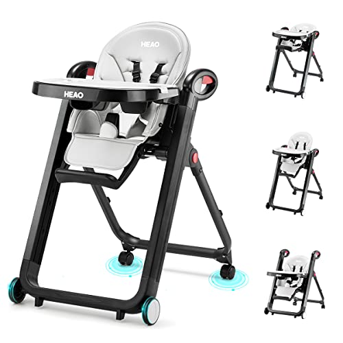 Image of HEAO high Chair for Toddlers & Space Saving highchairs for Infants with Multiple-Adjustable Backrest, Footrest & Double Detachable Trays, Removable PU Cushion, Light Grey