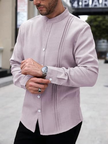 Image of TAGDO Men's Mandarin Collar with Button-Down Shirts | Full Sleeve Linen Casual Shirt for Man | Stylish Summer - Regular Fit Office, Party (2047)
