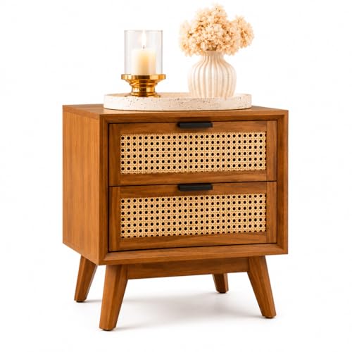 Image of Wooden Bedside Table for Bedroom | Wooden Bed Side Nightstand Lamp Table with 2 Drawers Storage | Premium Solid Wood Side End Table for Living Room, Office | Rattan Cane- Honey Finish