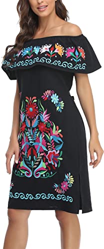 YZXDORWJ Women Mexican Embroidered Dress Ruffle Collar Sleeveless (XL, 623BKBL)