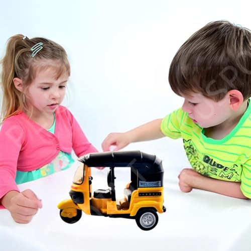 Image of PLUSPOINT Auto Rickshaw Toy,with Pull Back Action City Traffic Vehicles Public Transport Toy with Light and Sound for Aged 3 4 5 6 Boys and Girls,Kids Party Favors Gifts (Yellow)