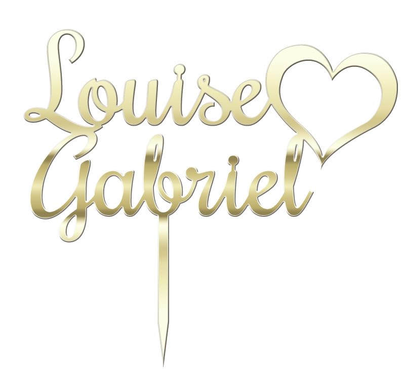 Cake Topper Personalizado para Pastel de Boda Espejo Oro Champán, Corazón con Nombres, 20 x 18 cm (Espejo Oro Champán)