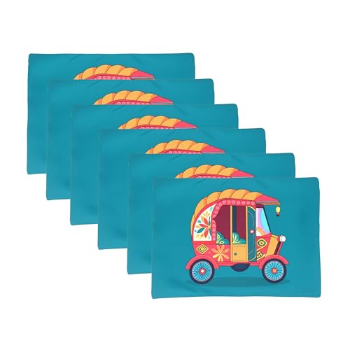 Image of DiningTable Mats Set of 6 - Auto Vibrant Cultural Theme,Digital Print, Washable, Indoor /Outdoor, Heat-Proof, Water Resistant, Wipe & Clean (47X33 cm) Green & Pink