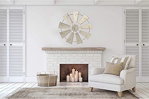 Glitzhome 22" Farmhouse Galvanized Windmill Wall Sculpture Home Decor Rustic Metal Rustic Wall Art Decoration, Beige #TOP3