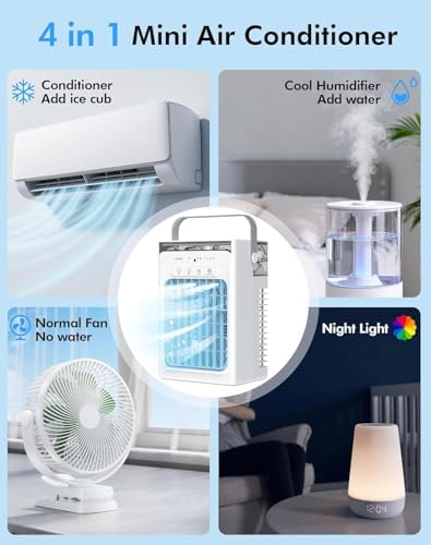 Portable Air Conditioners, Air Cooler Evaporative Personal Mini AC, 3 Wind Speed, 2-4-8H Timer, 3 Modes, Colorful Night Light, Portable AC for Room, Car, Bedroom, Camping