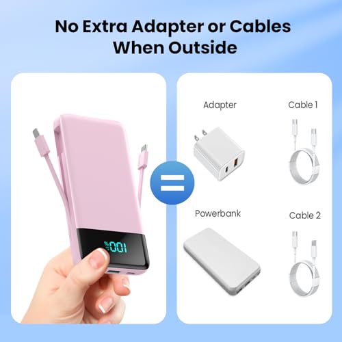 Image of Portable Charger for iPhone,13800mAh Slim Power Bank with Built-in Cables & AC Wall Plug,All in One 4 Outputs USB C Fast Charging Battery Pack for iPhone 17 /16 /15 /14,Android,Travel Essential (Pink)