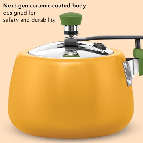 Image of Hawkins Cerenity 3L Pressure Cooker | Ceramic Coated | Contura Shape | Induction & Gas Compatible | Rice, Dal & Curries | ISI Certified | 5 Year Guarantee | Mustard Yellow (ICY30)