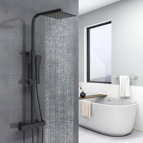 Biubiubath Coluna de duche termostática com misturador termostático, chuveiro de cabeça quadrada, preto, coluna de chuveiro ajustável em altura 732-1152 mm (quadrado 1)