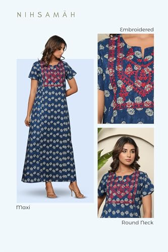 Image of NIHSAMAH Cotton Nighty for Women - Printed Stylish Night Gown, Comfortable Sleepwear Long Nightwear, Maxi